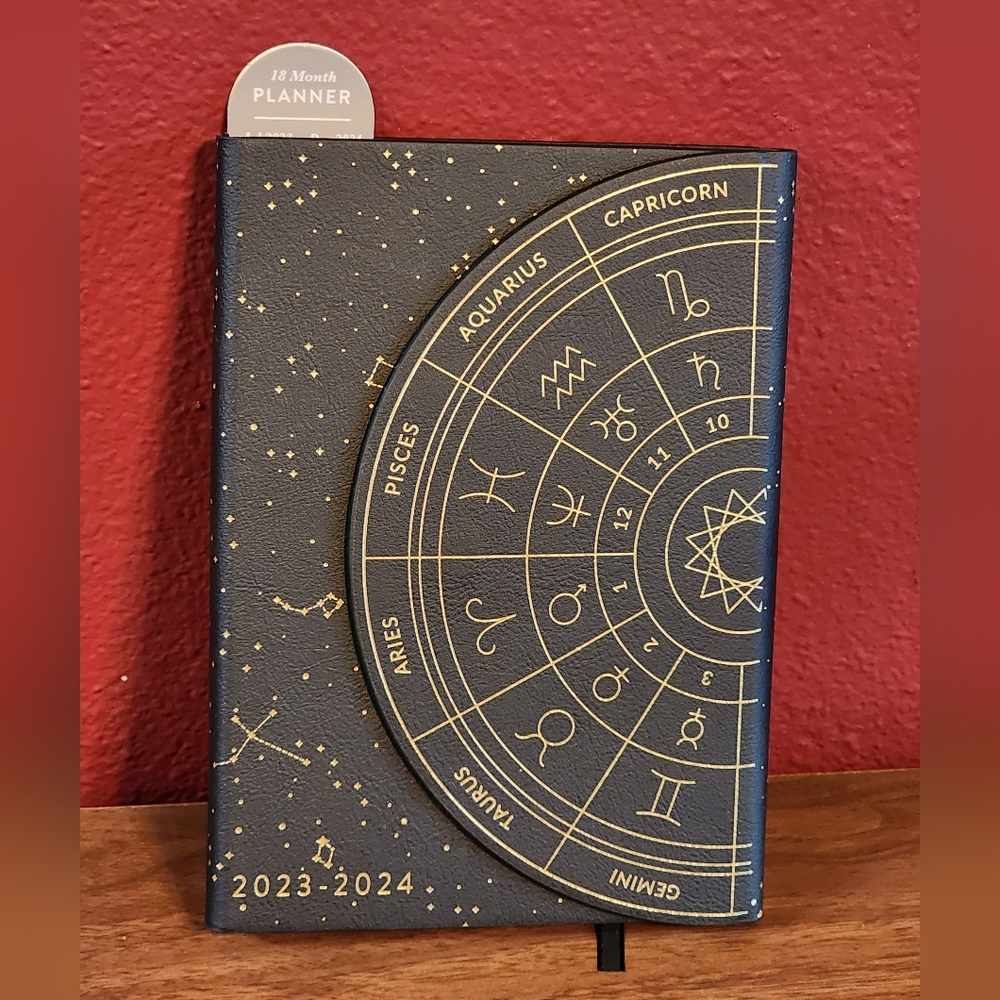 Black 18 month Planner with Celestial Symbols and Zodiac Birth Signs in Gold
